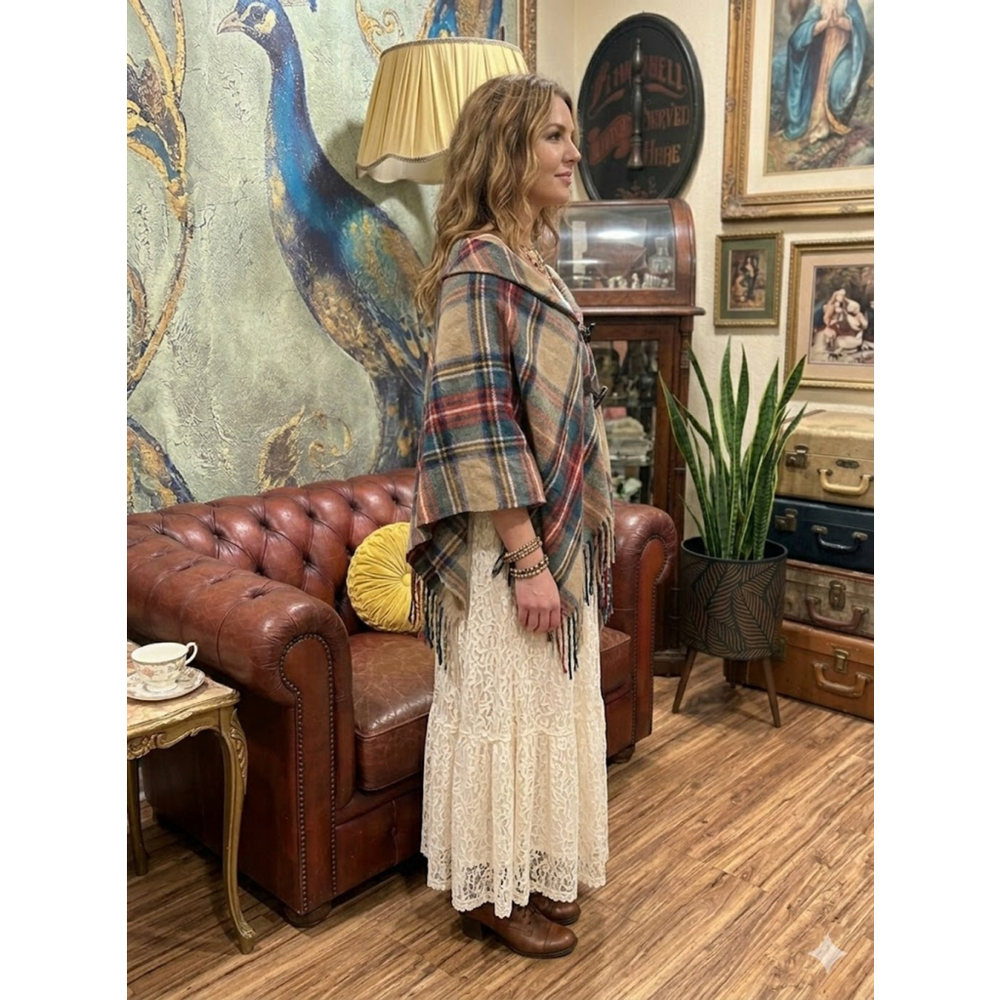 Cato Boho Plaid Poncho Cape One Size - Picture 2 of 10